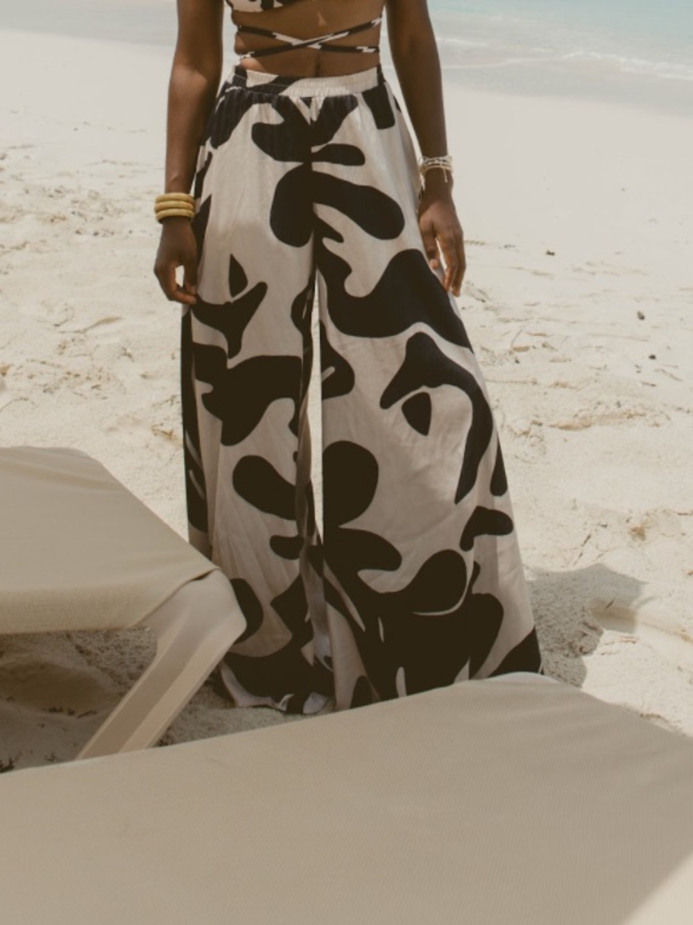 Beige & Black Abstract Print wide leg pant
